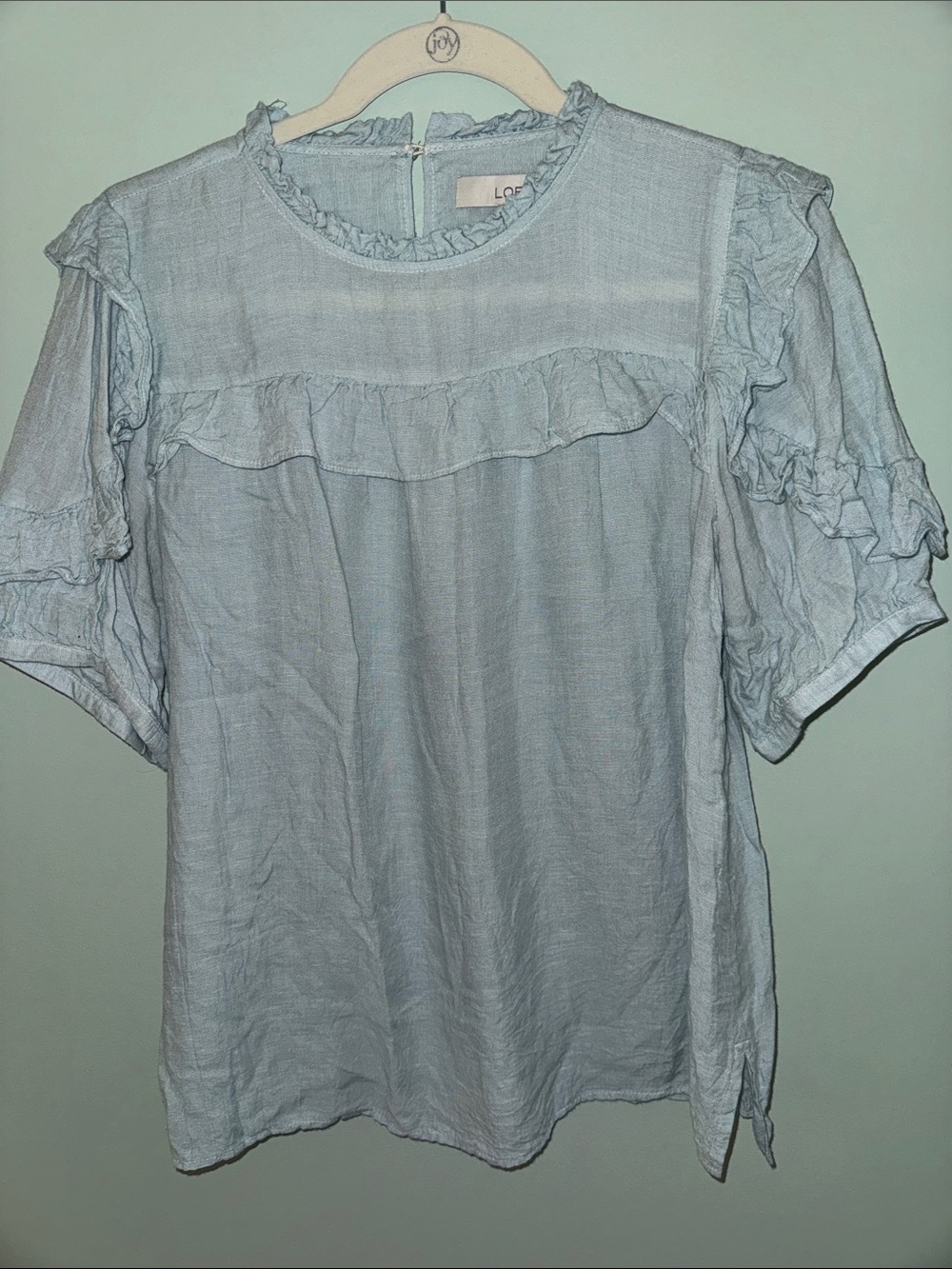 LOFT Light Blue Ruffle Detail Short Sleeve Blouse